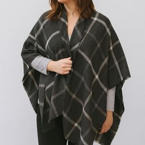 Gray Plaid Windowpane Cozy Zip Poncho Cape Shawl Womens One Size Minimalist Fall